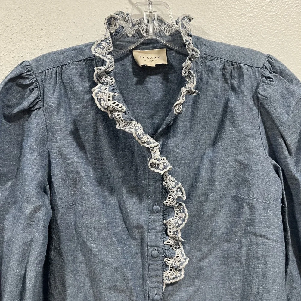 Sézane Chlo Blue Chambray Denim Lace Eyelet Embroidered‎ Shirt Size EU 34